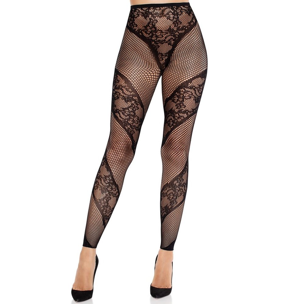 Leg Avenue - Lace and Net Illusion Footless Collants - Noir